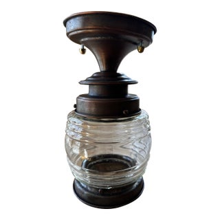 Vintage Copper Ceiling Fixture With Vintage Glass Shade For Sale