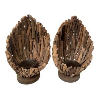 Vintage Handmade Driftwood Candleholders- a Pair For Sale