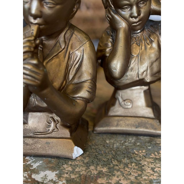 Sculpture Materials Vintage Esco Chalkware Boy and Girl Bookends or Busts, Gold For Sale - Image 7 of 9