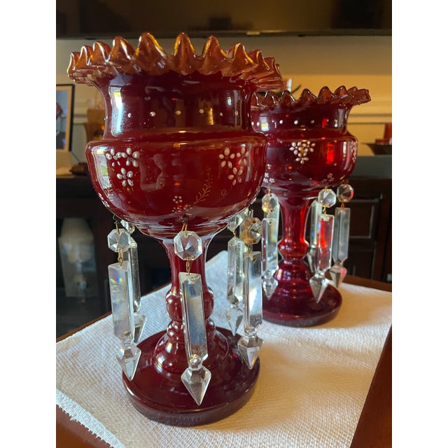 19th Century Pair of Ruby Red Glass Mantel Lustres/Hurricane Candle Holders With Crystal Prisms For Sale - Image 5 of 10
