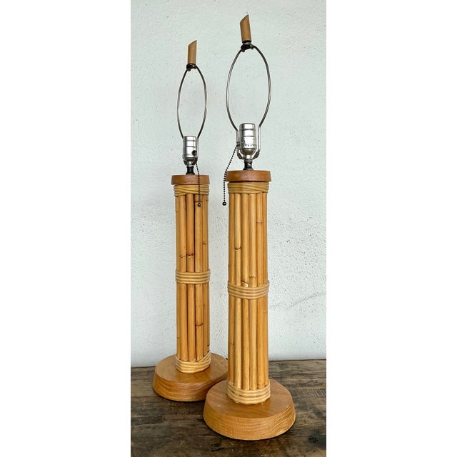 Mid-Century Modern Vintage Bundled Rattan Lamps - A Pair For Sale - Image 3 of 12