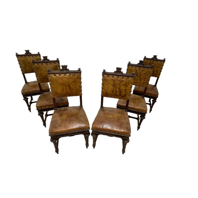 Late 19th Century Set of 8 Italian Walnut Dining Chairs With Embossed Leather, Late 19th Century For Sale - Image 5 of 18