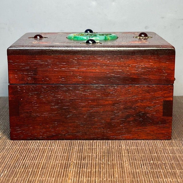Wood Vintage Rosewood Jewelry Box With Mother of Pearl & Jade Inlay | Chinoiserie Trinket Box For Sale - Image 7 of 9
