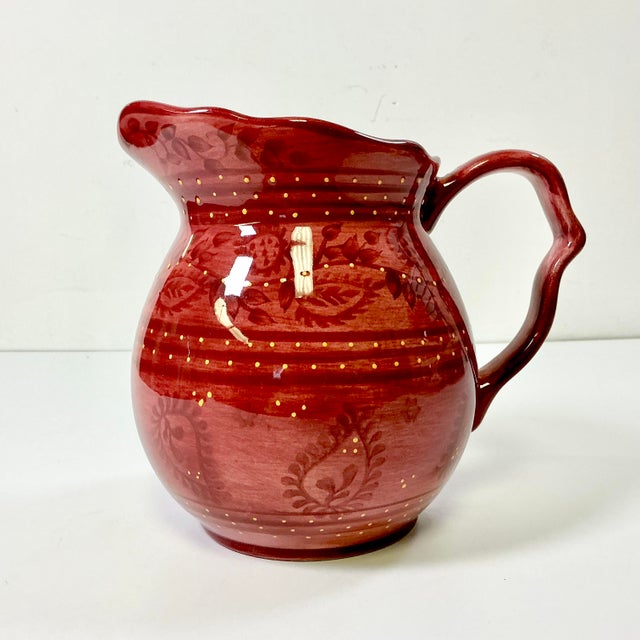 Ruby Red 1990s Boho Chic Farmhouse Scalloped Handle Hand Painted Ceramic Pitcher. For Sale - Image 8 of 14