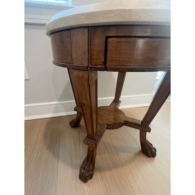 Round Wood and Travertine Top Sussex Side Table/Nightstand Attributed to Kreiss Sussex—Natural Walnut With Neoclassical Paws For Sale In New York - Image 6 of 13