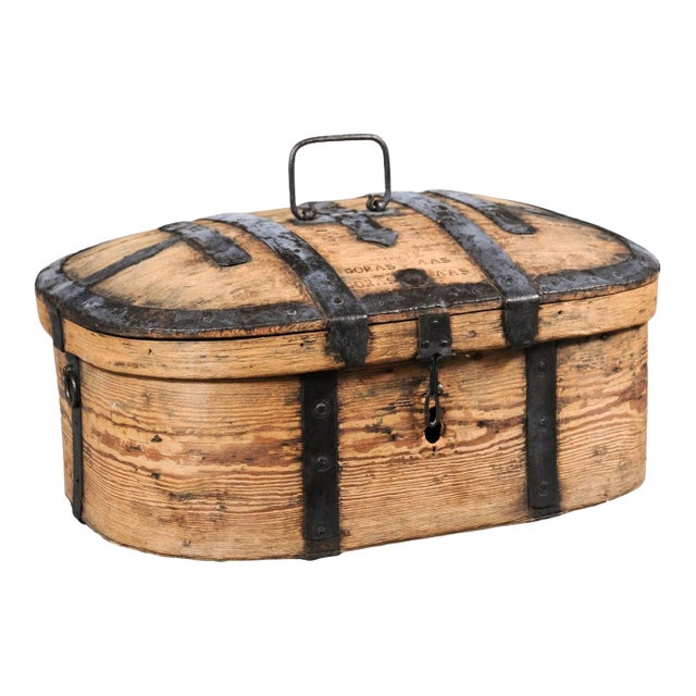 Swedish 1790s Rustic Oval Top Wooden Box with Iron Accents and Distressed Patina For Sale