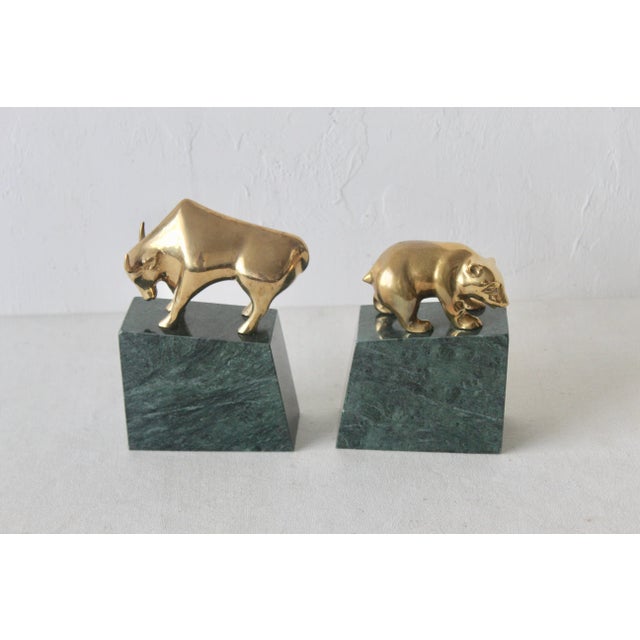 Late 20th Century Late 20th Century Art Deco Brass & Marble Bull and Bear Bookends- A Pair For Sale - Image 5 of 11