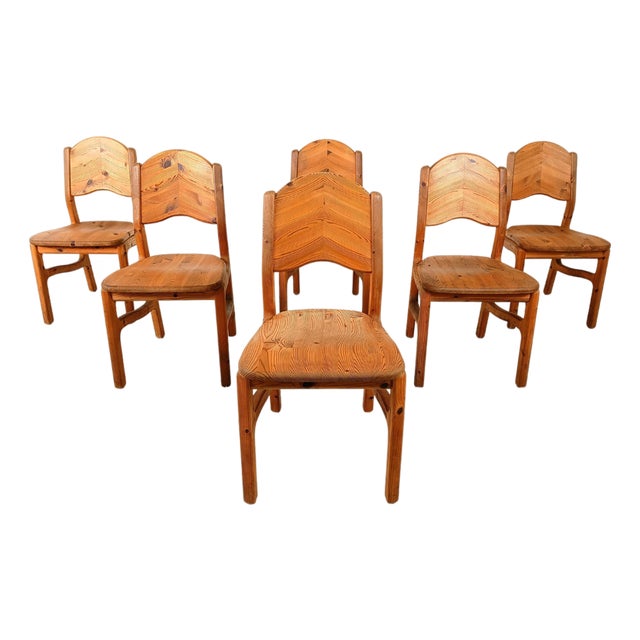Vintage Pinewood Dining Chairs, 1970s, Set of 6 For Sale