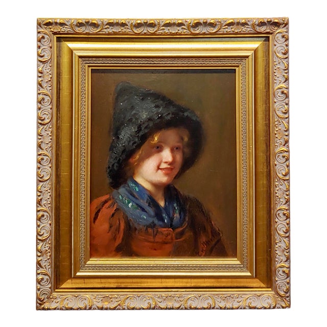 Emma Muller -19th C. Portrait of a Young Blonde W/A Furry Hat-Oil Painting For Sale