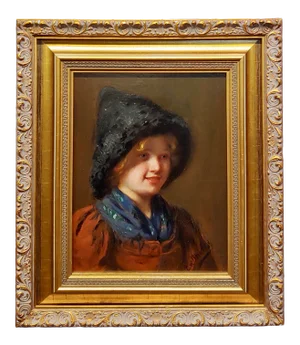Emma Muller -19th C. Portrait of a Young Blonde W/A Furry Hat-Oil Painting