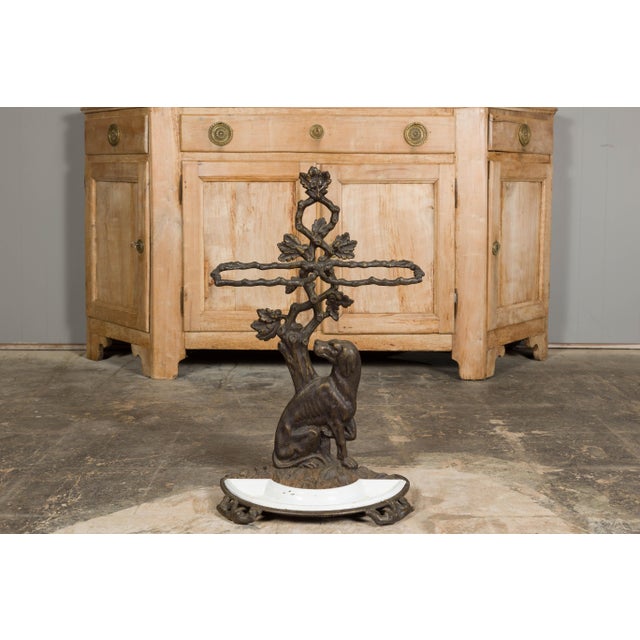 English Iron Umbrella Stand with Dog and Tree Motif and White Receptacle For Sale - Image 11 of 12