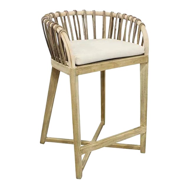 Certified Teak Wood Counter Stool With Linen Cushion For Sale