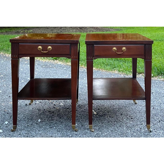 Nice pair of vintage Mersman federal Regency style Mahogany side tables. Single dovetailed drawer, with nicely tapered...