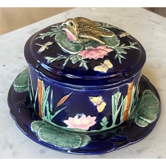 Ceramic Forester Antique Cobalt Lidded Butter Dish With Bird For Sale - Image 7 of 14