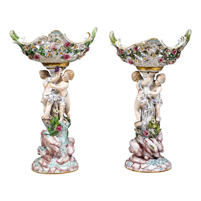 Porcelain Centerpieces with Cupids by Leuteritz for Meissen, 1860, Set of 2 For Sale