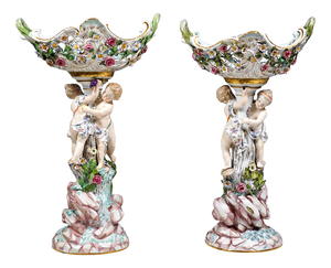 Porcelain Centerpieces with Cupids by Leuteritz for Meissen, 1860, Set of 2
