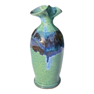Vintage 7.5” Studio Pottery Vase With Sculptural Flared Rim For Sale