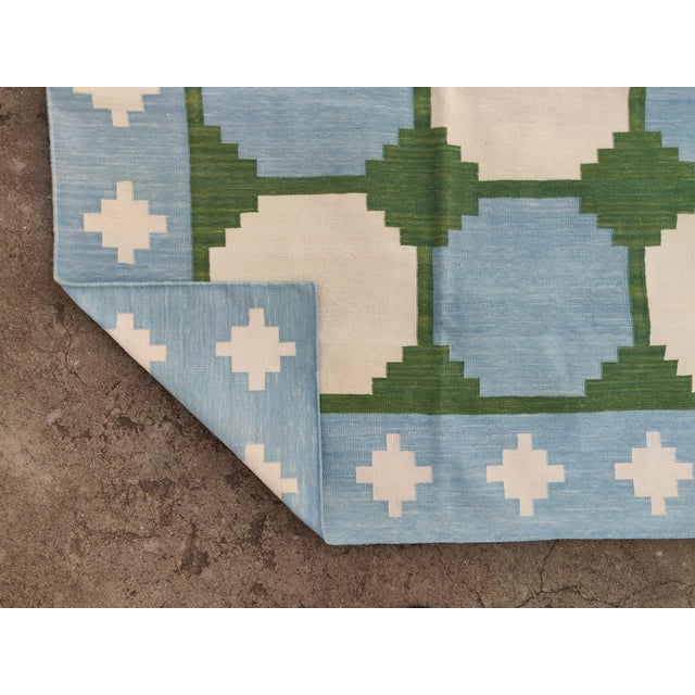 Handmade Woolen Flat Weave Swedish Pattern Sky Blue and Forest Green Area Rug - 9'x14' For Sale - Image 14 of 17