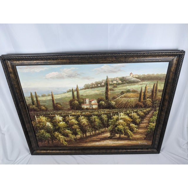 Late 20th Century Monumental Signed B. Andrews Tuscan Vineyard Landscape Oil Painting, 54" For Sale - Image 12 of 18