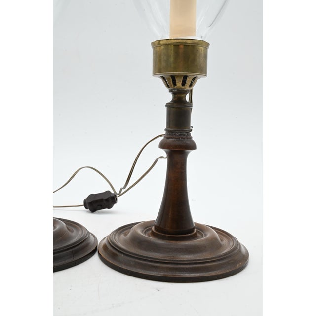 Georgian Style Mahogany & Brass Candlestick Lamps With Hurricane Shades - A Pair For Sale - Image 4 of 18