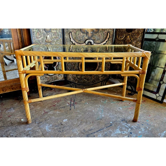 1980s Vintage Glass Top Bamboo Console Table For Sale - Image 9 of 10