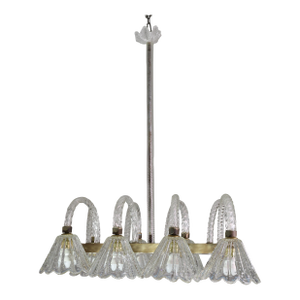 1940sMuseal 8 Light Art Decò Barovier E Toso Chandelier, Murano "Bubble" Glass