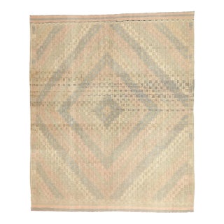 Mid 20th Century Faded Embroidered Turkish Kilim Rug For Sale