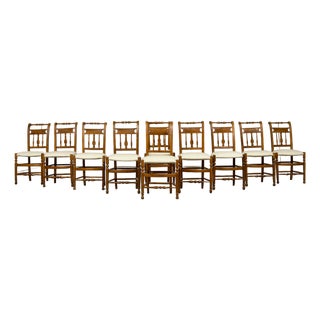 Set of 10 Late 19th Century French Provincial Walnut Dining Chairs in Green Ticking Stripe For Sale