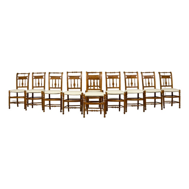 Set of 10 Late 19th Century French Provincial Walnut Dining Chairs in Green Ticking Stripe For Sale
