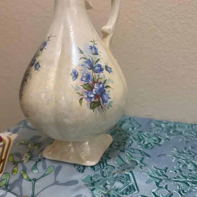 Ivory Vintage Iridescent Ivory Ceramic Pitcher Vase Hand-Painted Blue Flowers & Gilt Trim For Sale - Image 8 of 10
