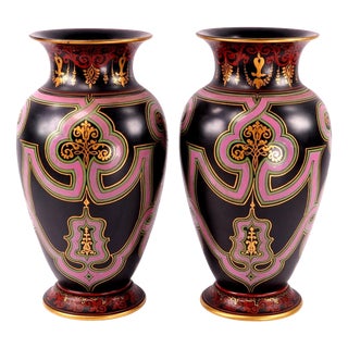 Enamelled Black Basalt Baluster Vases in the style of Christopher Dresser, Set of 2 For Sale