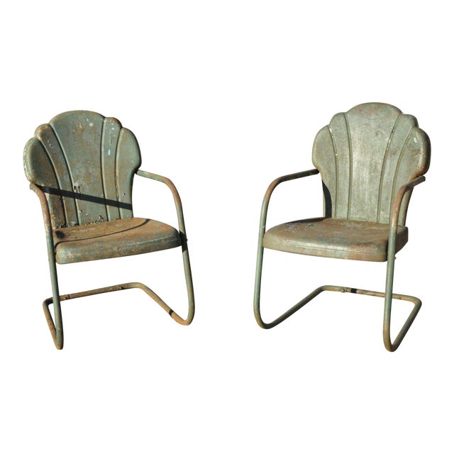 Art Deco Steel Metal Clam Shell Back Green Patio Bouncer Lounge Chairs