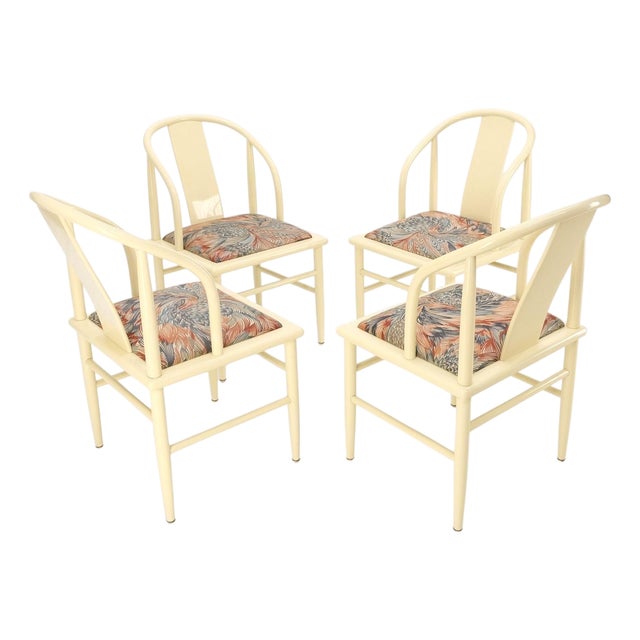Asian Inspired Barrel Back White to Beige Lacquer Dining Chairs Mid Century Mint For Sale