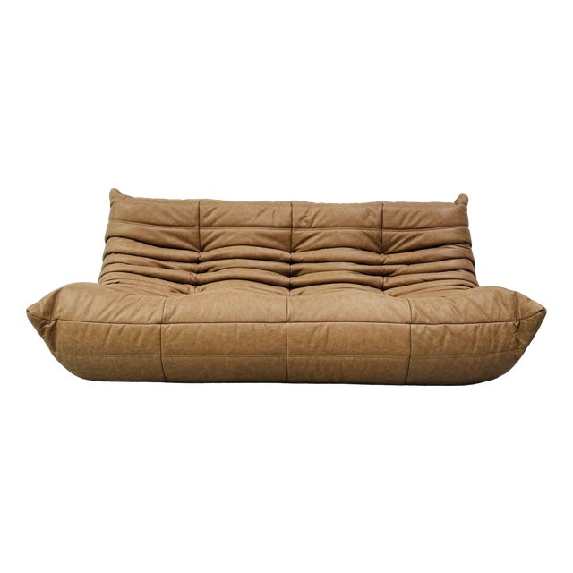 French Togo 3-Seater Sofa in Camel Leather attributed to Michel Ducaroy for Ligne Roset For Sale
