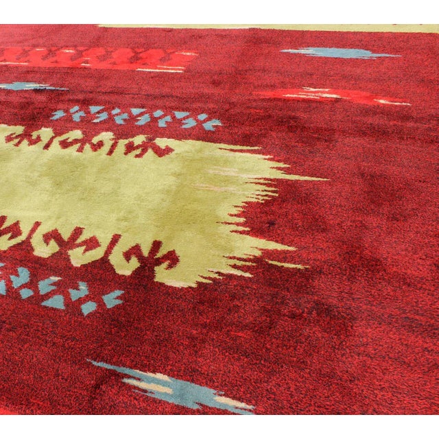 Mid 20th Century Modern Abstract Rug in Maroon, Barn Red, Carmine, Crimson and Lime Green For Sale - Image 5 of 11