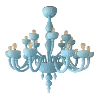Contemporary 18 Arms Matte Light-Blue Murano Style Glass Chandelier For Sale