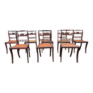 19th Century Antique Regency Style Carved Cane Seat Rosewood Dining Chairs- Set of 8