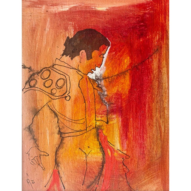 Expressive 1960s Spanish modernist matador painting rendered in a vivid palette of crimson red, burnt orange, and warm...