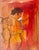 Expressive 1960s Spanish modernist matador painting rendered in a vivid palette of crimson red, burnt orange, and warm...