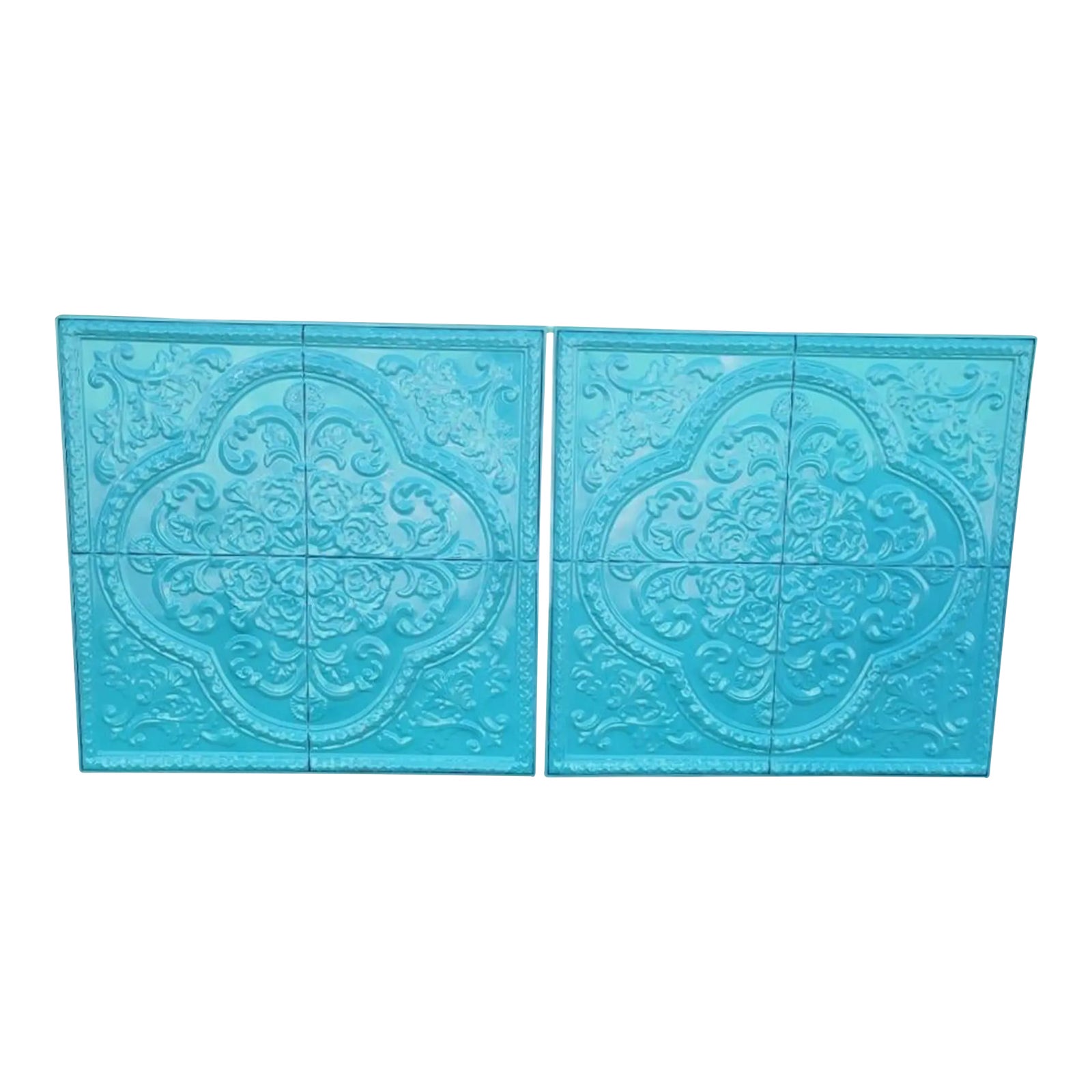 Vintage Huge Square Bright Blue Carved Metal Tin Ceiling Tile Wall Art