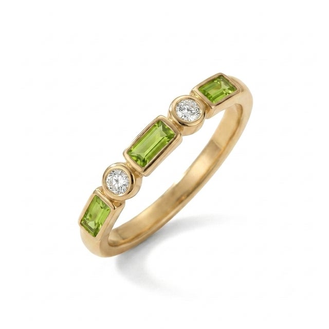 Contemporary Peridot and Diamond Stacking Ring | 18k Gold Plated Baguette Cut Bezel Eternity Band | August Birthstone Gift Us 7 For Sale - Image 3 of 3
