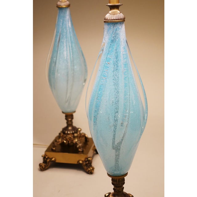 Metal 1960s Large Barovier Toso Murano Italy Thick Aqua Swirl Art Glass Ornate Brass Table Lamps - a Pair For Sale - Image 7 of 11