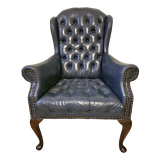 Vintage Blue Leather Chesterfield Wingback Chair For Sale