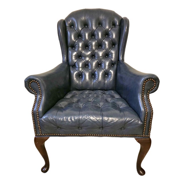 Vintage Blue Leather Chesterfield Wingback Chair For Sale