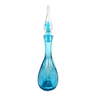 1960's Hand Blown Blue Glass Bischoff Decanter With Encased Flame Stopper For Sale