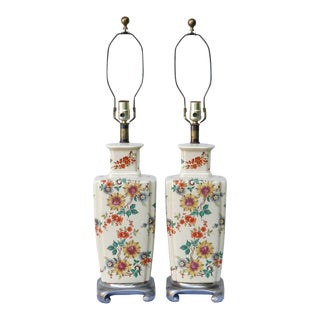 Ming Floral Ceramic Table Lamps - a Pair For Sale