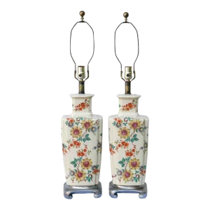 Ming Floral Ceramic Table Lamps - a Pair