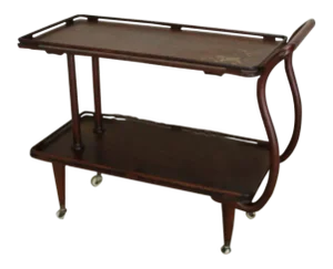 1960s Mid Century Modern Sheesham Rosewood Indian Copper Brass Inlay Wood Rolling Bar Cart