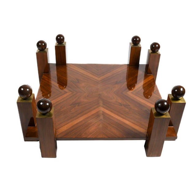 Late 20th Century Mid-Century Modern Style Walnut & Burl Wood Coffee Table With Glass Top and Spherical Finials For Sale - Image 5 of 8