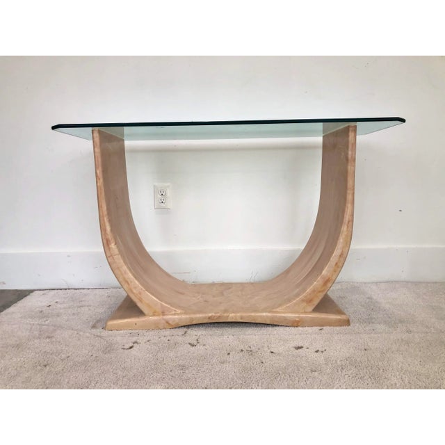 In stock: Great Art Deco Revival 1980's composite console, great pink color heavy construction